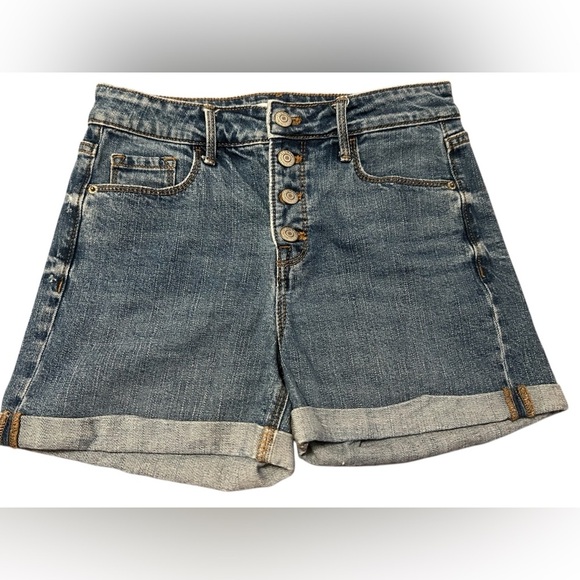Old Navy High Rise Secret-Slim Button Fly Cuffed Women's Size 0 Blue Jean Shorts - Picture 1 of 10